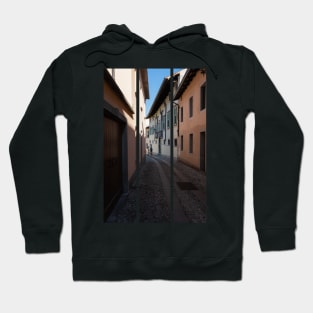 North Italy Life in the center of the lombard medieval city. Walking through narrow streets and walls. Sunny summer day. (vertical) Hoodie